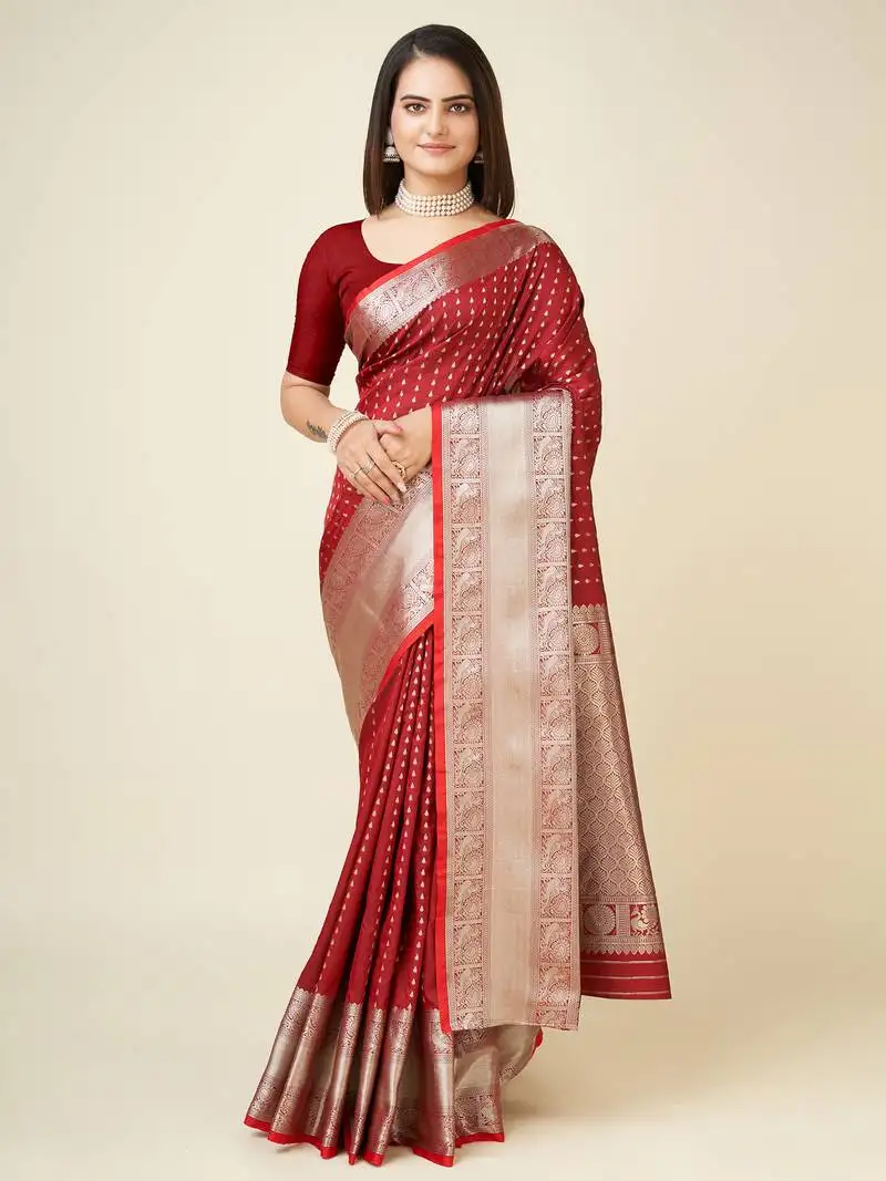 Blood red silk blend small butti zari weaving border banarasi saree