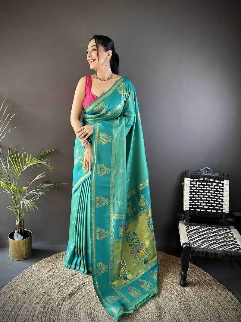 Rama green silk blend meenakari zari weaving paithani saree