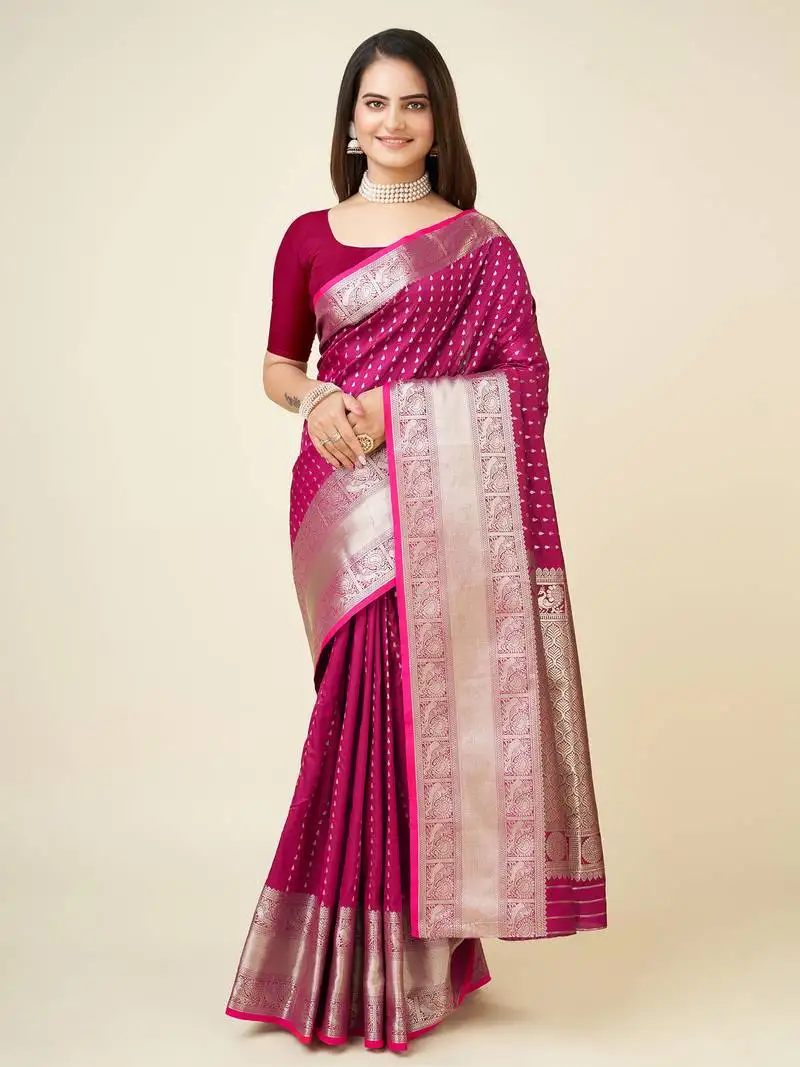 Rani pink silk blend small butti zari weaving border banarasi saree