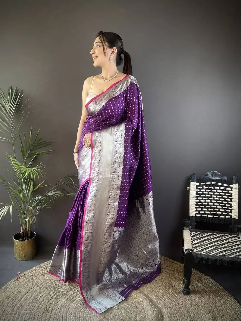 Purple silk blend small butti zari weaving border banarasi saree