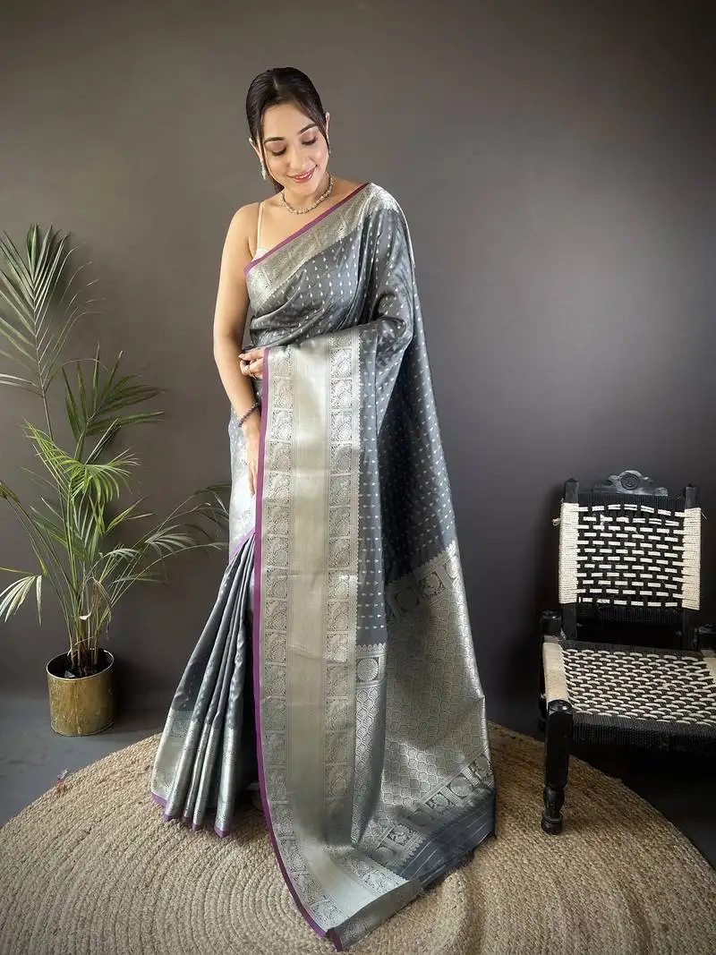 Grey silk blend small butti zari weaving border banarasi saree