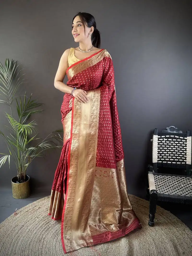 Brick red silk blend small butti zari weaving border banarasi saree