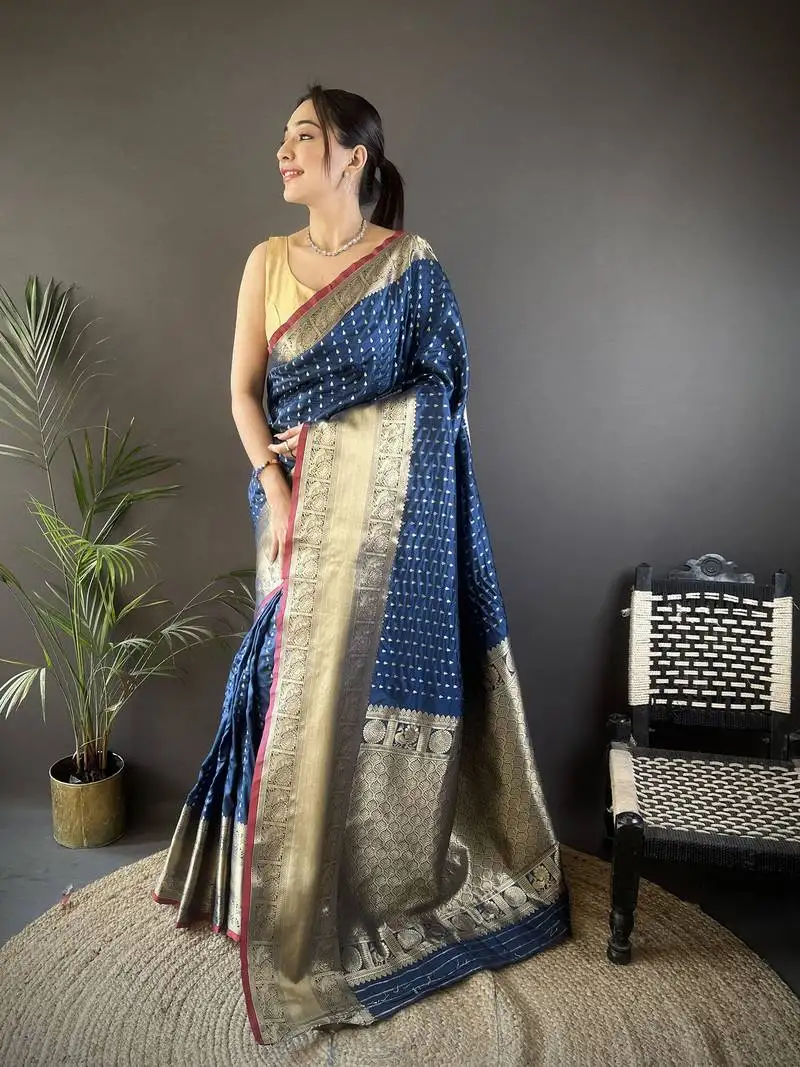 Navy blue silk blend small butti zari weaving border banarasi saree
