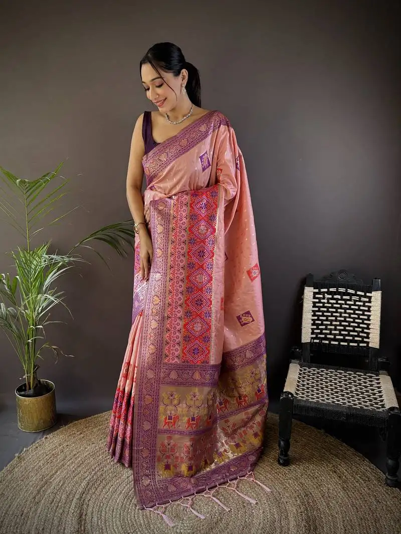Light pink silk blend small butti zari weaving banarasi saree