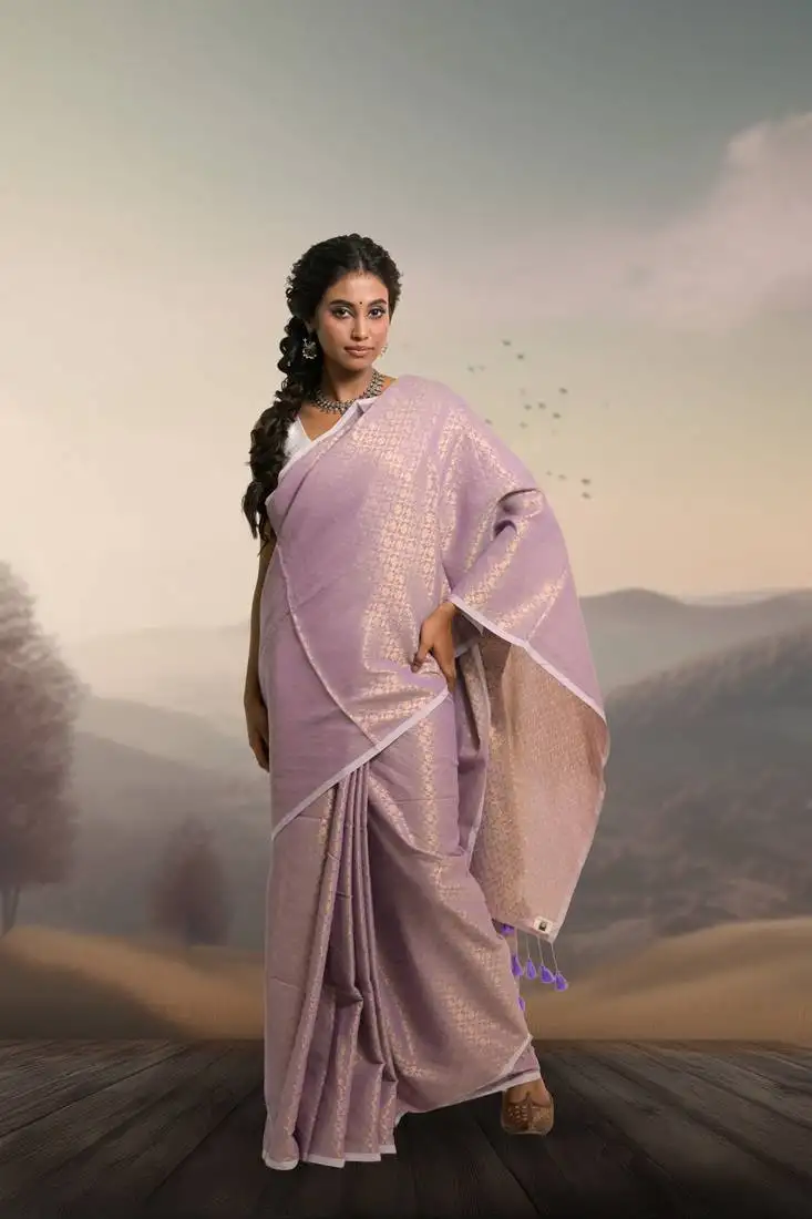 Lavender handloom cotton brocade saree with tassels