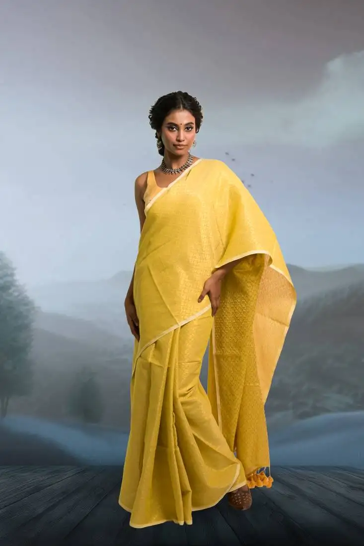 Lime green handloom cotton brocade saree with tassels