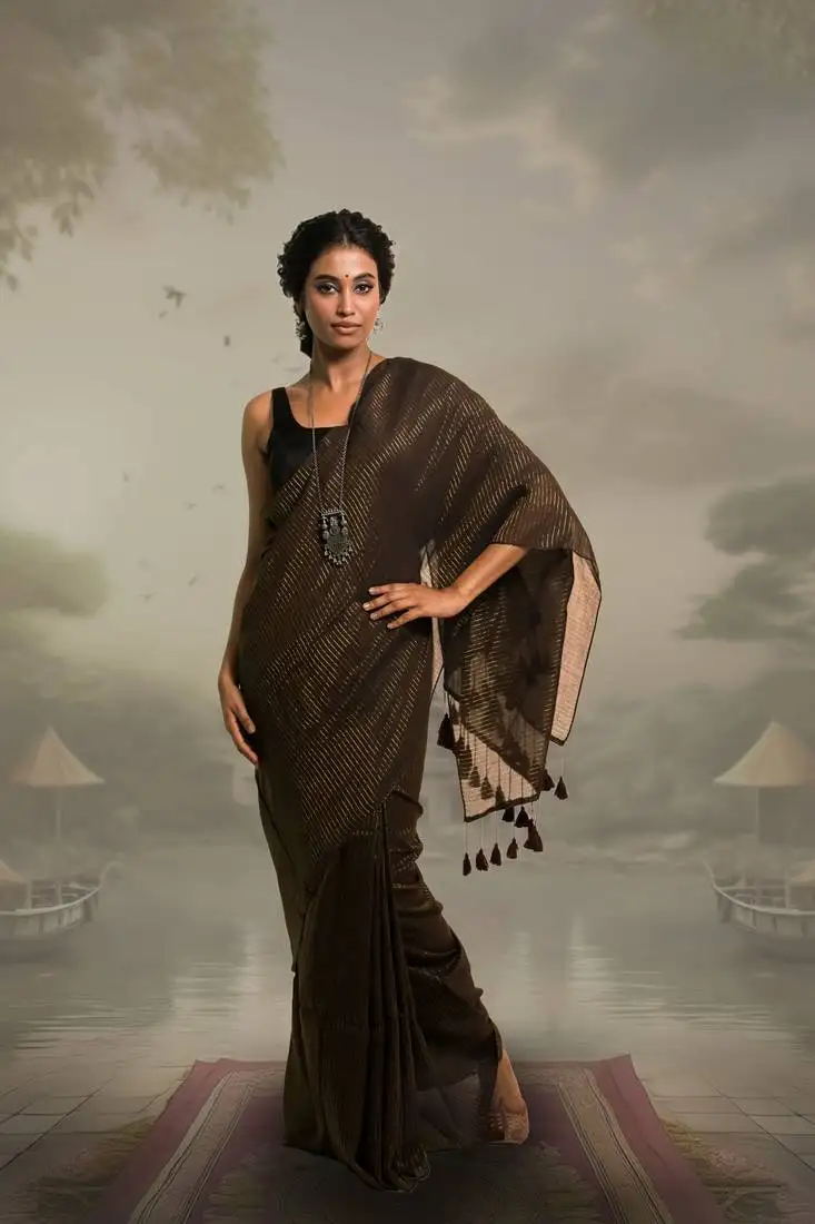 Dark brown handloom mul cotton saree with zari stripes