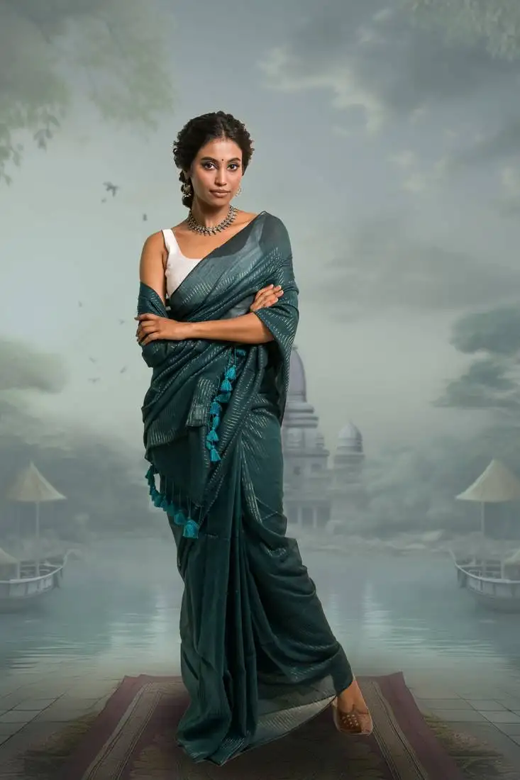 Viridian green handloom mul cotton saree with zari stripes