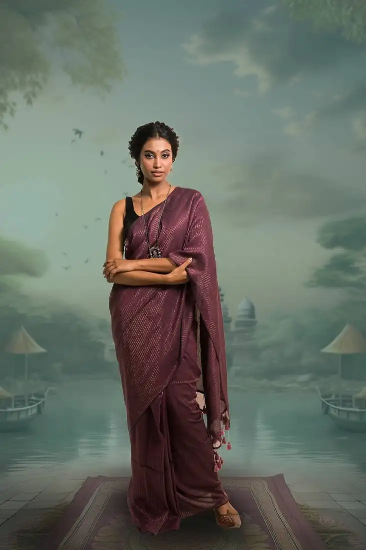 Burgundy handloom mul cotton saree with zari stripes