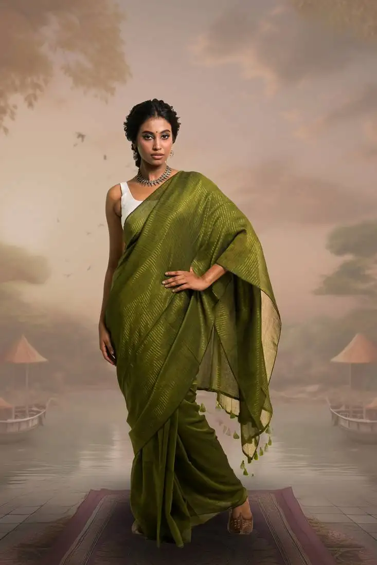 Olive green handloom mul cotton saree with zari stripes