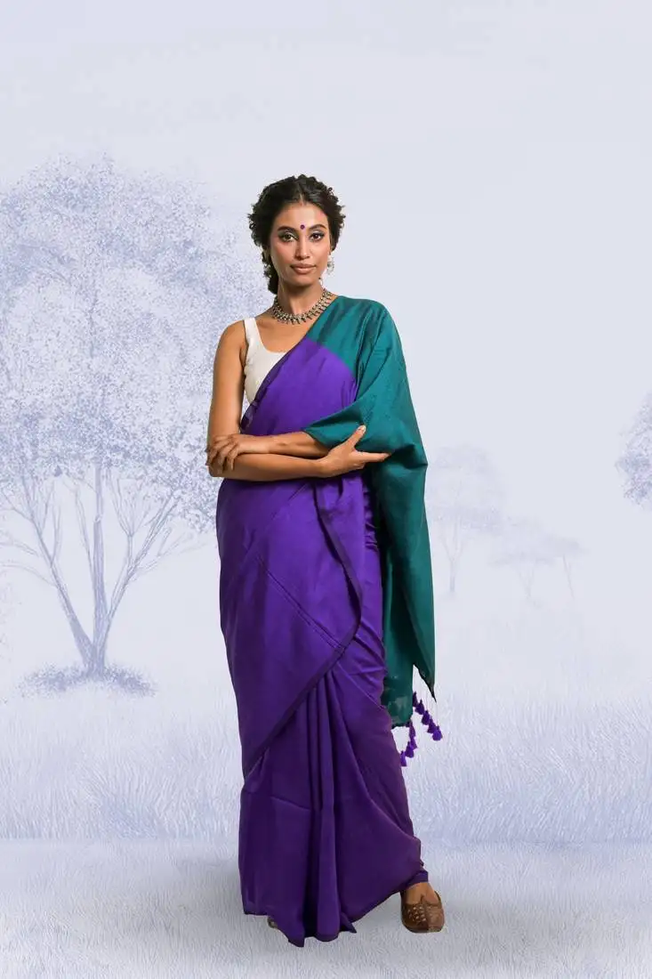 Purple handloom cotton acrylic saree