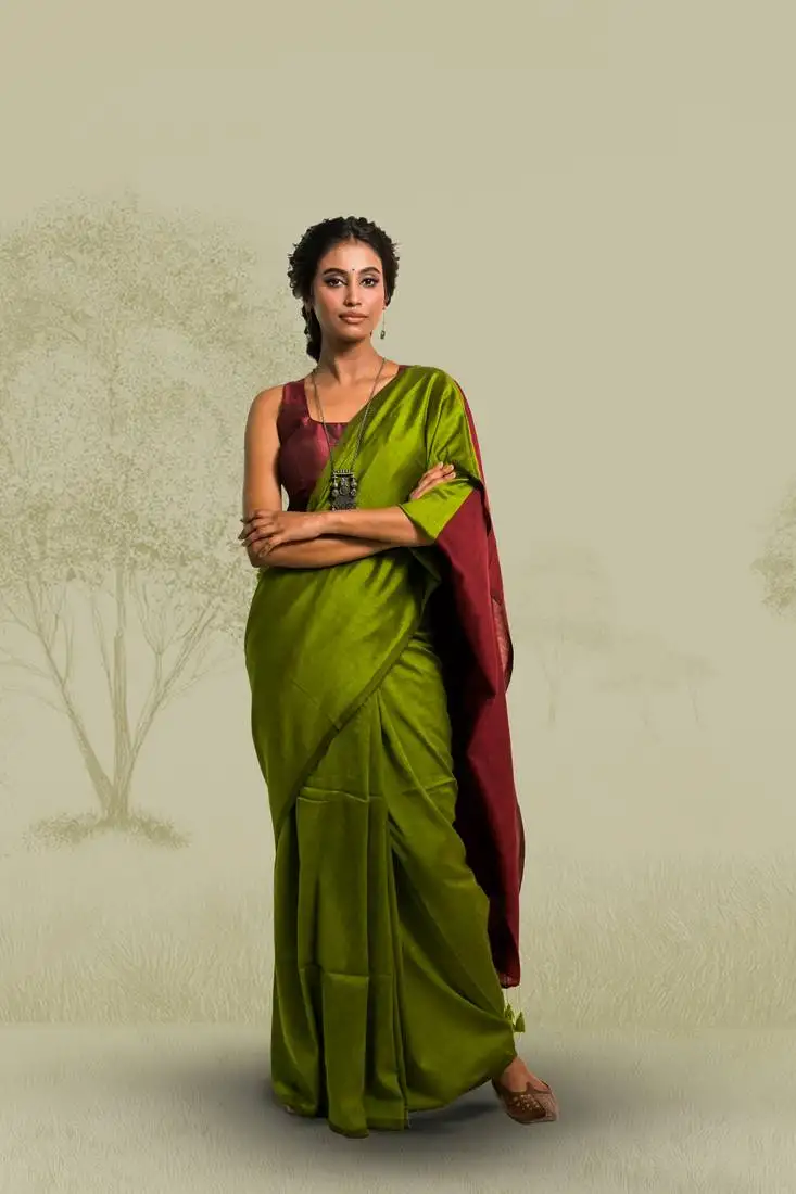 Olive green handloom cotton acrylic saree