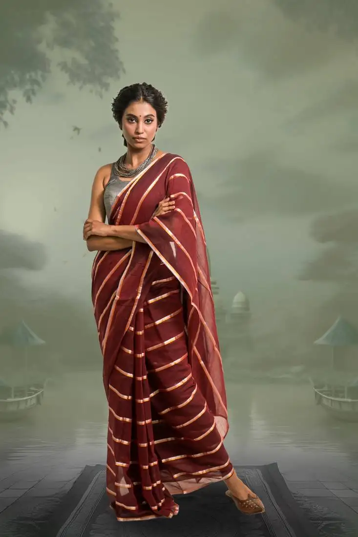 Maroon handloom mul cotton saree with zari stripes