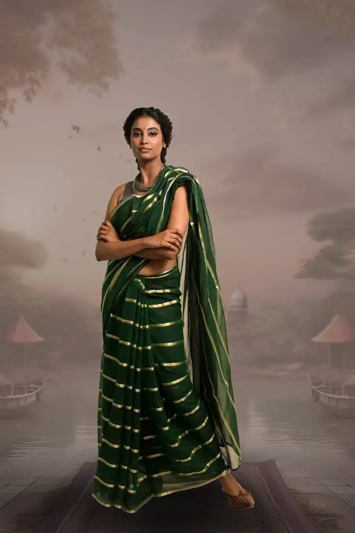Green handloom mul cotton saree with zari stripes
