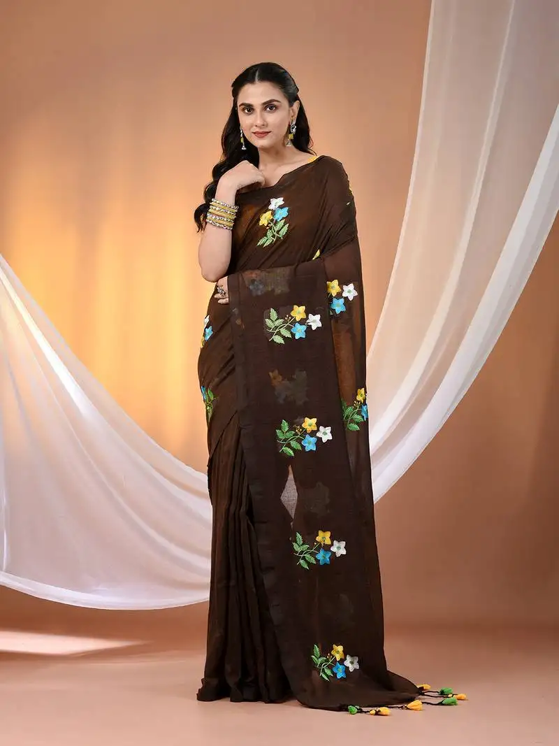 All over thread embroidery chocolate brown cotton handspun saree