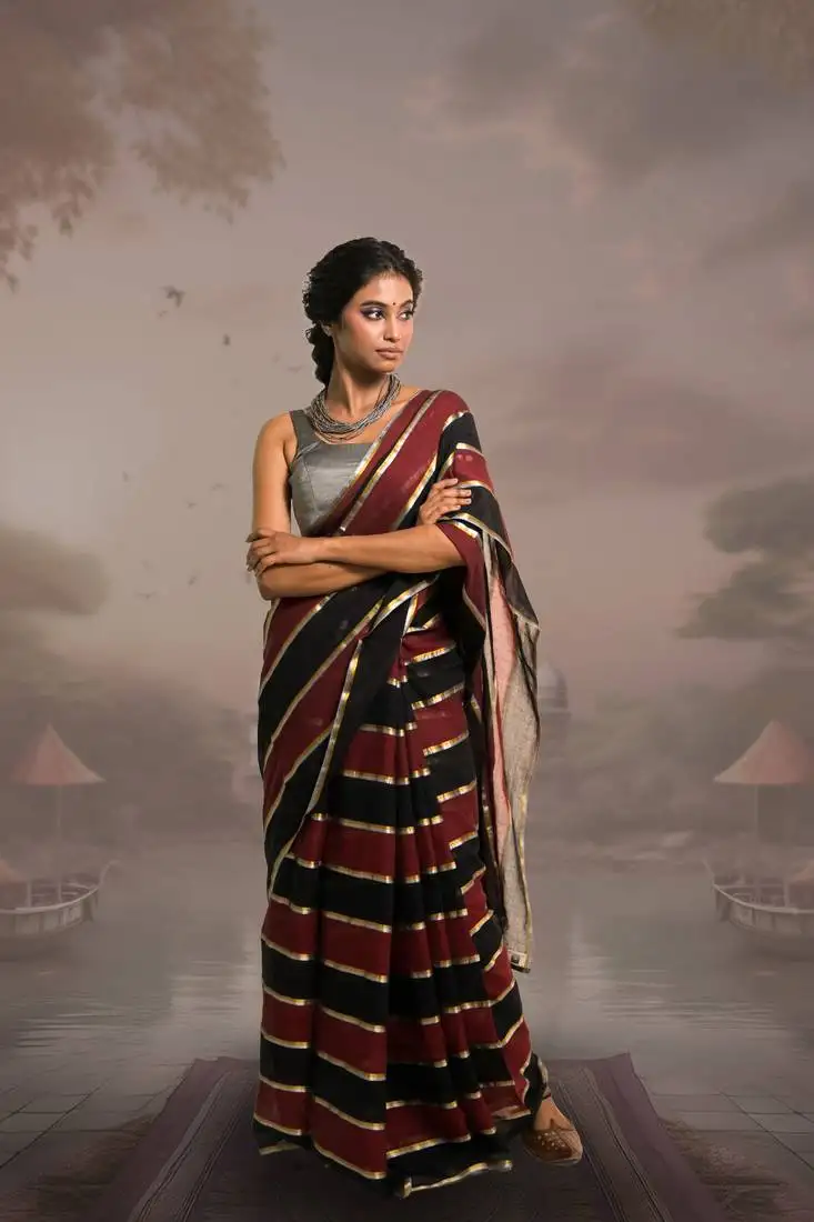 Maroon and black handloom mul cotton saree with zari stripes