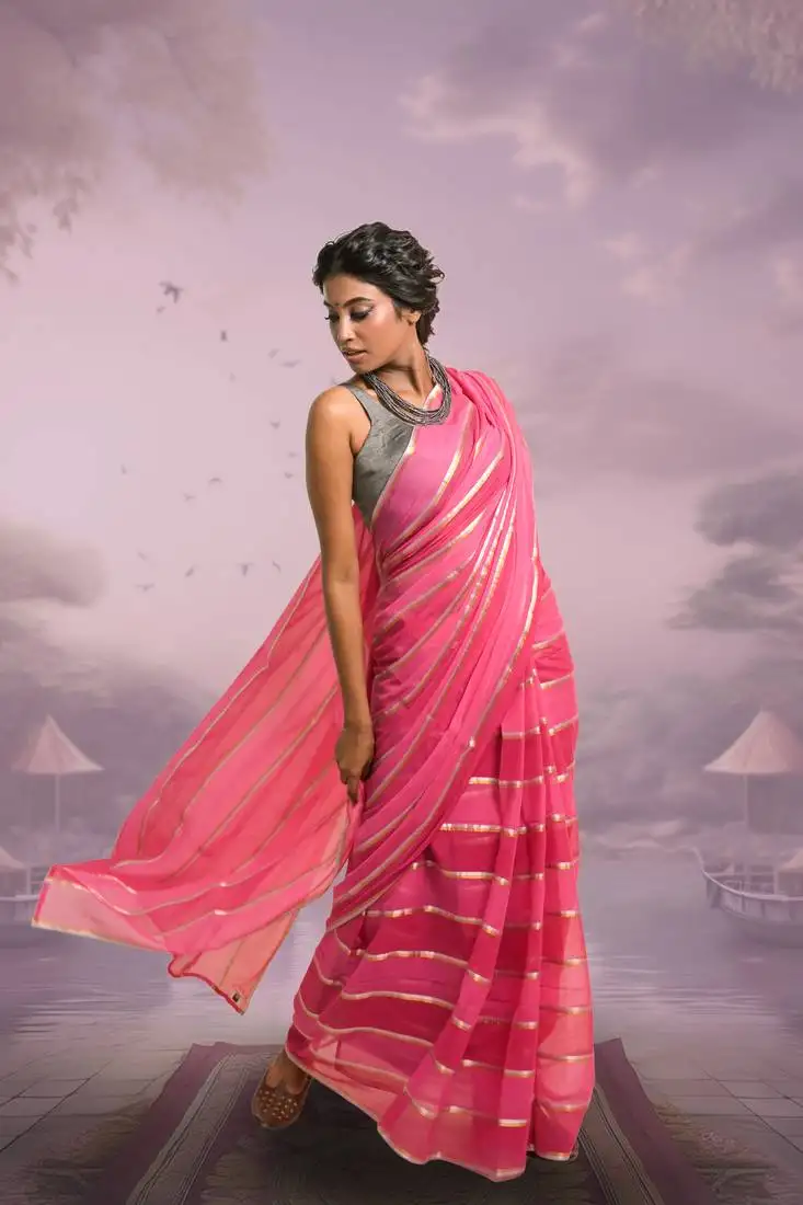 Red and pink handloom mul cotton saree with zari stripes