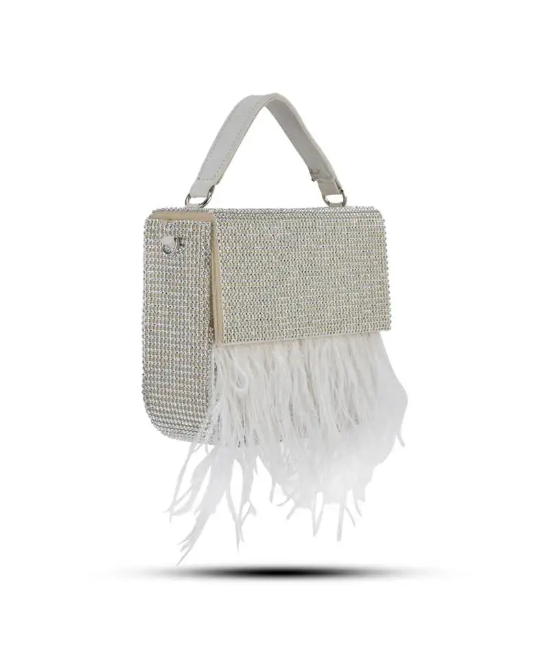 White hand crafted feather flowy box bag