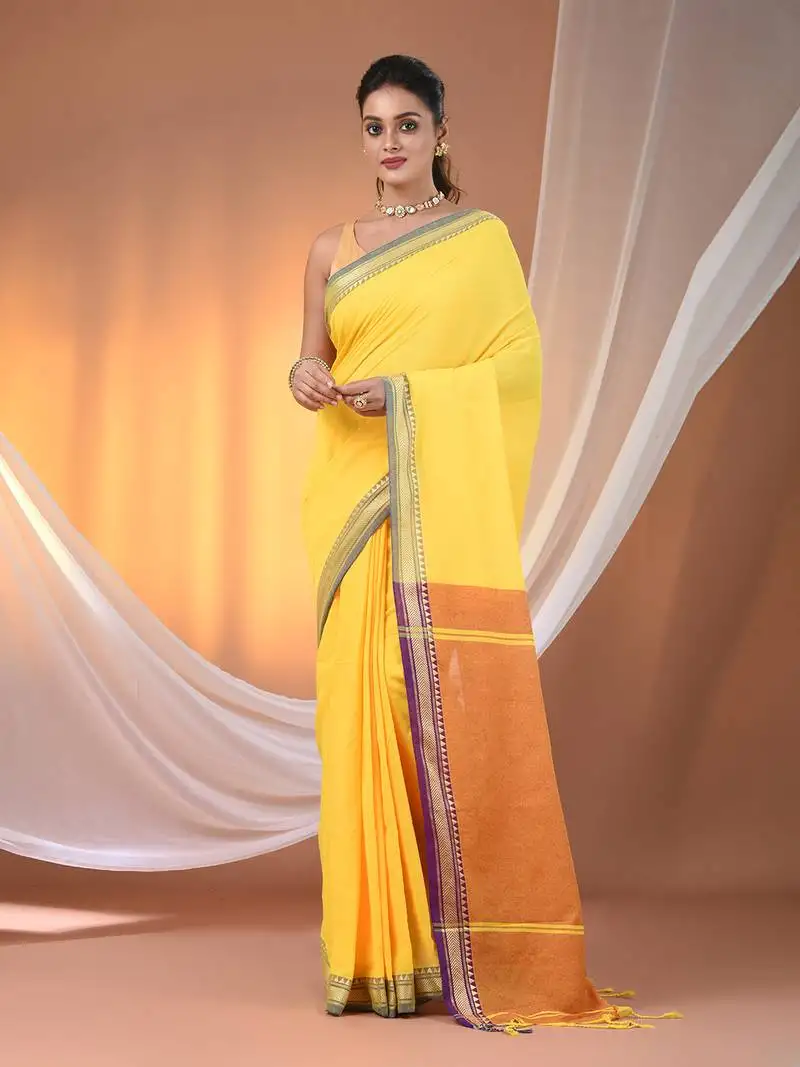Yellow cotton handspun soft saree with texture borders