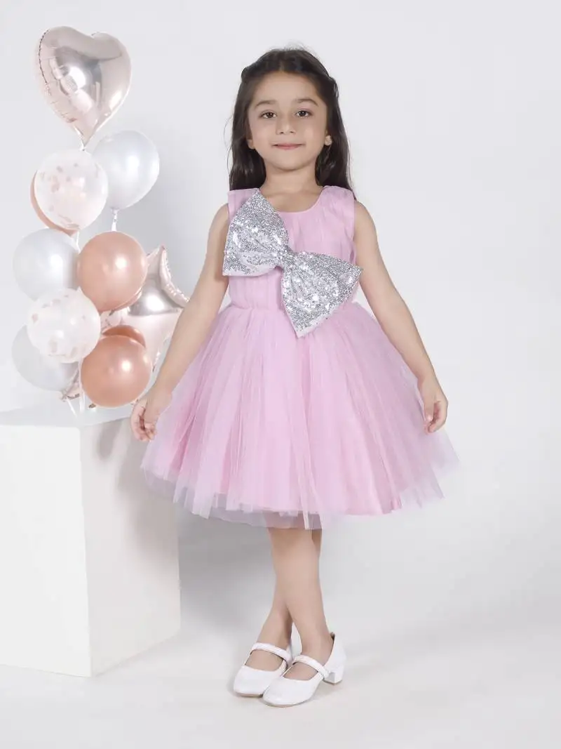 Pink sequins bow net party frock