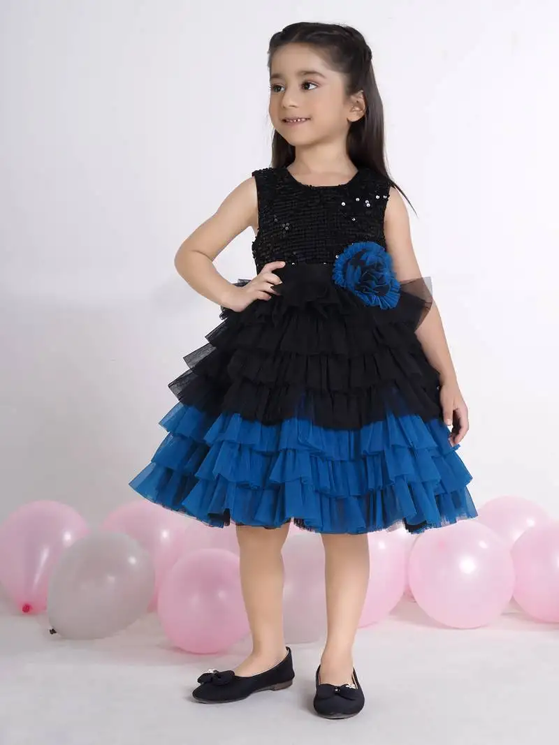 Teal layered ruffle sequence with contrast hem net party frock