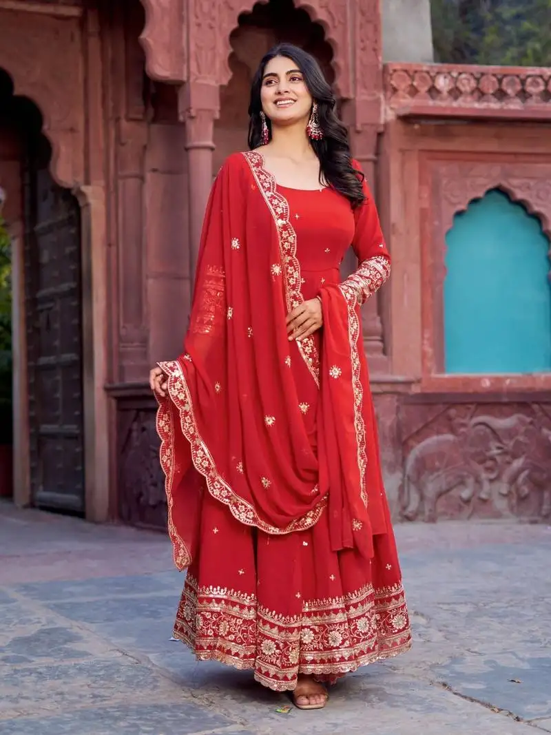 Elegant musturd faux georgette anarkali set with sequins & thread work stitched