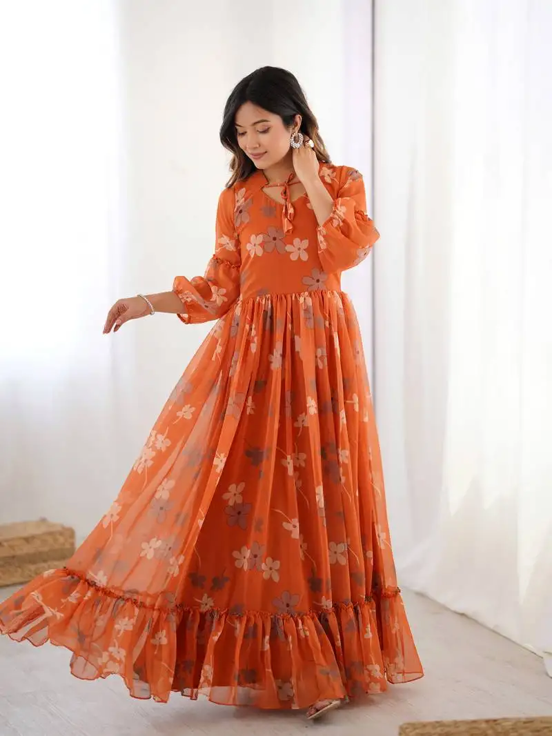 Orange floral printed faux georgette fully stitched flair long gown