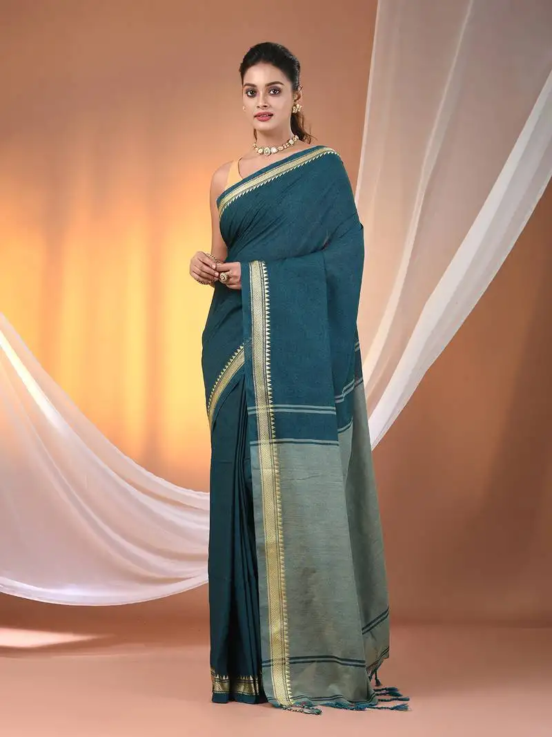 Teal cotton handspun soft saree with texture borders
