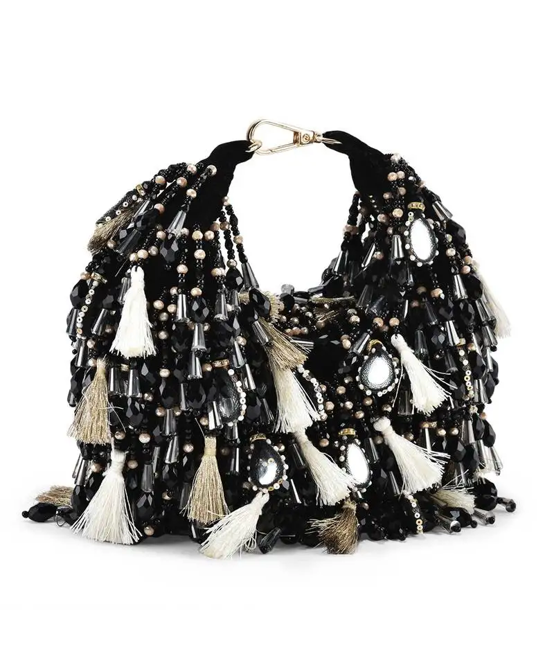 Black velvet embellished handbag