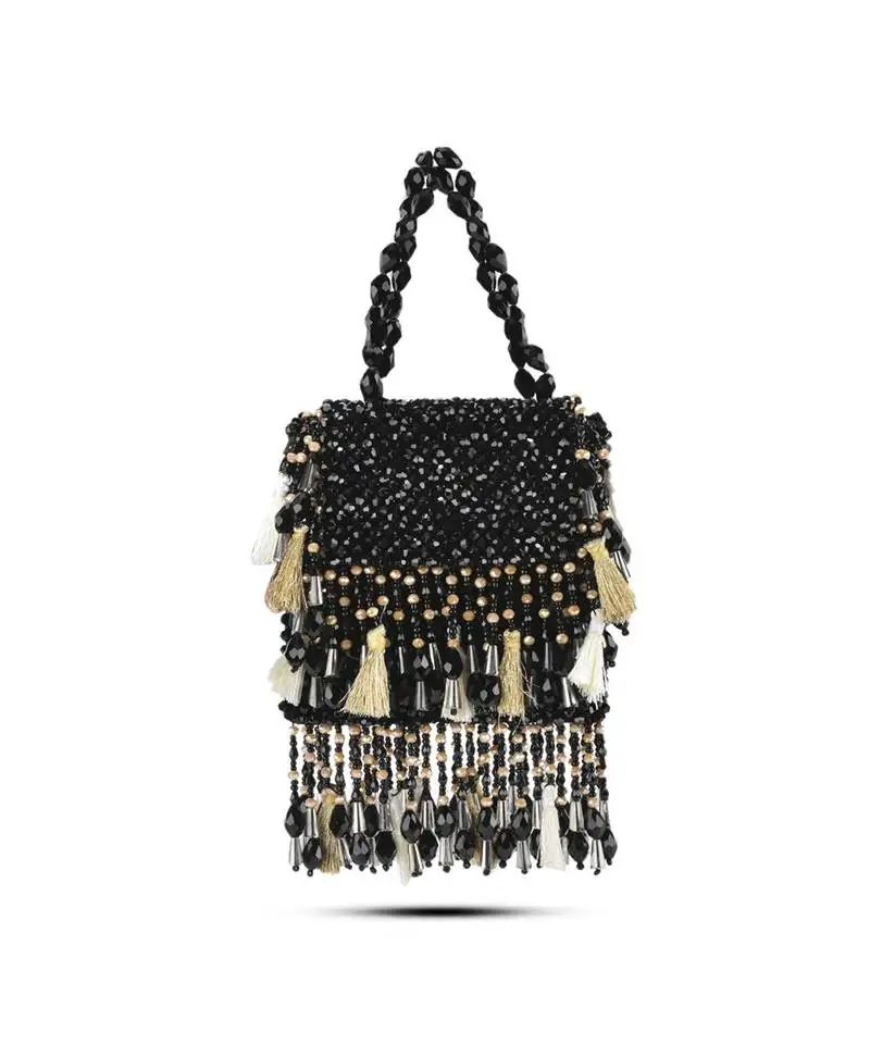 Black suede embroidered handbag with flowy detailing