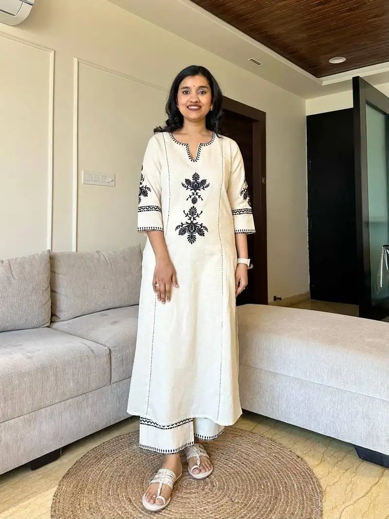 embroidered a-line thread work pure cotton kurta with trousers