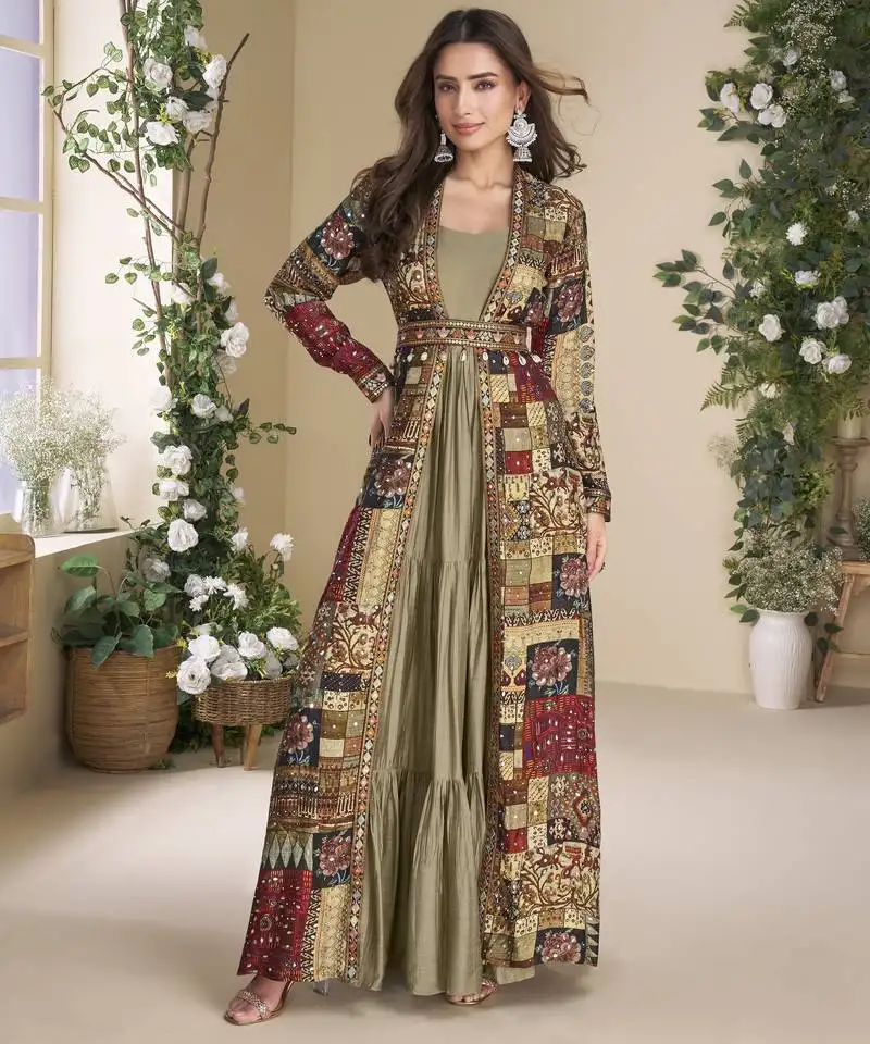 Beige georgette printed embroidered sequins stones mirro work jacket with gown festive wear stitched