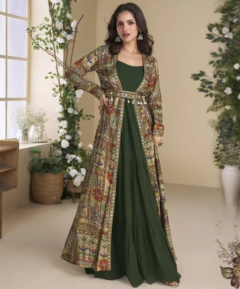 Green georgette printed embroidered sequins stones mirror work jacket with gown festive wear stitched