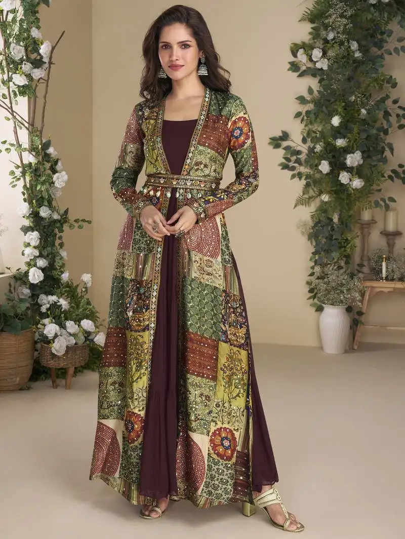 Maroon embroidered gown with jacket stitched