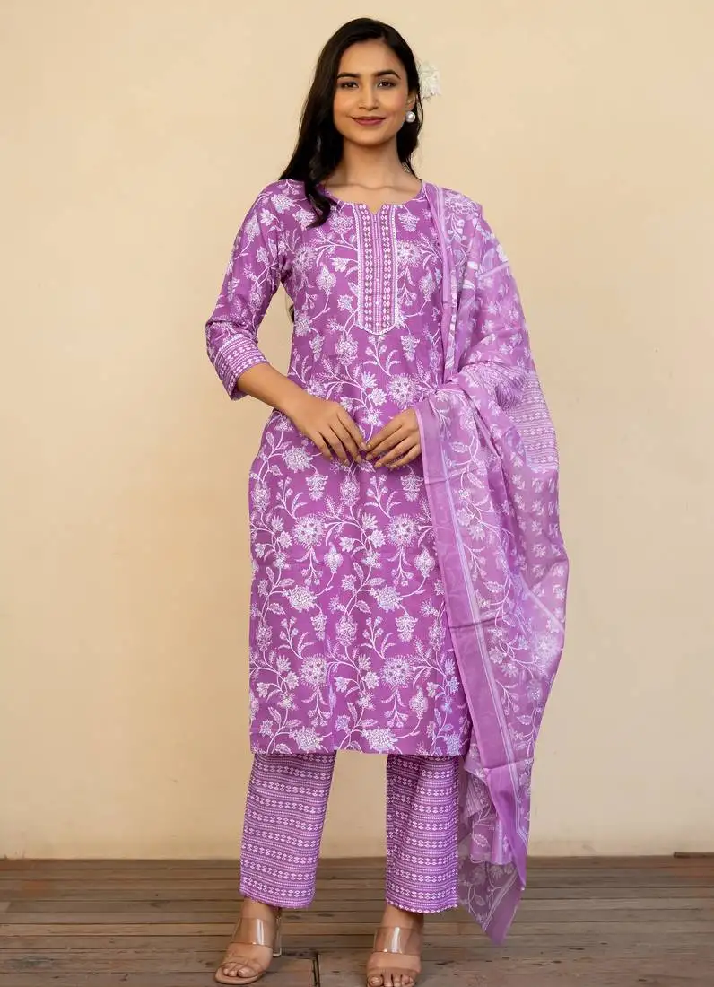 Women's light purple cotton floral print kurta set with dupatta & trouser