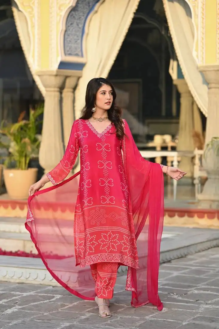 Women's chinnon fabric straight kurta, pant and dupatta set