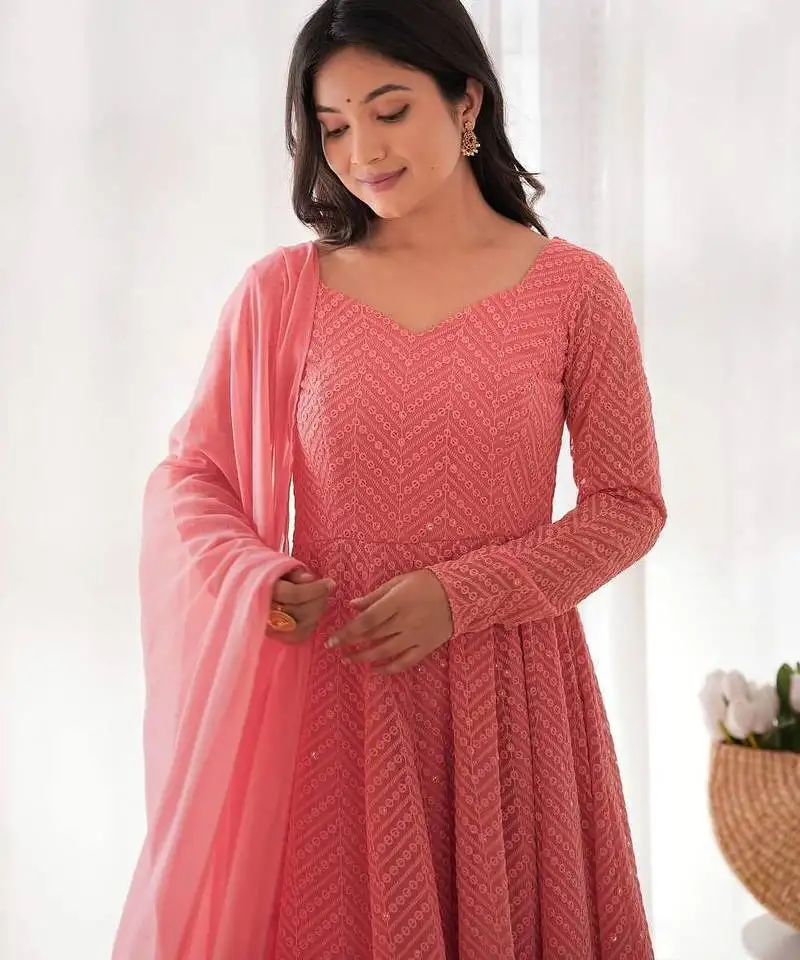 Chikankari style peach anarkali kurta set ethnic elegance stitched