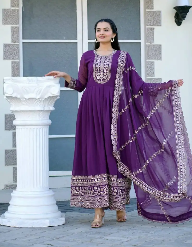 Flarred purple heavy georgette anarkali with sequence embroidered work
