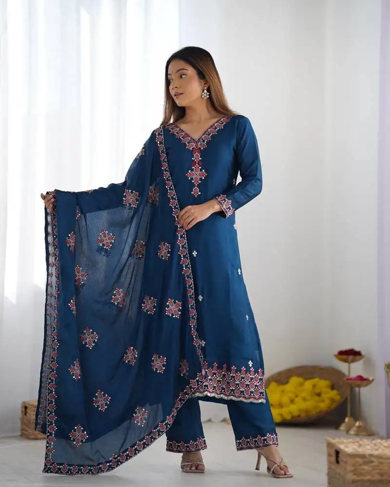 Blue embroidered party wear stylish suit set fully stitched kurti with dupatta