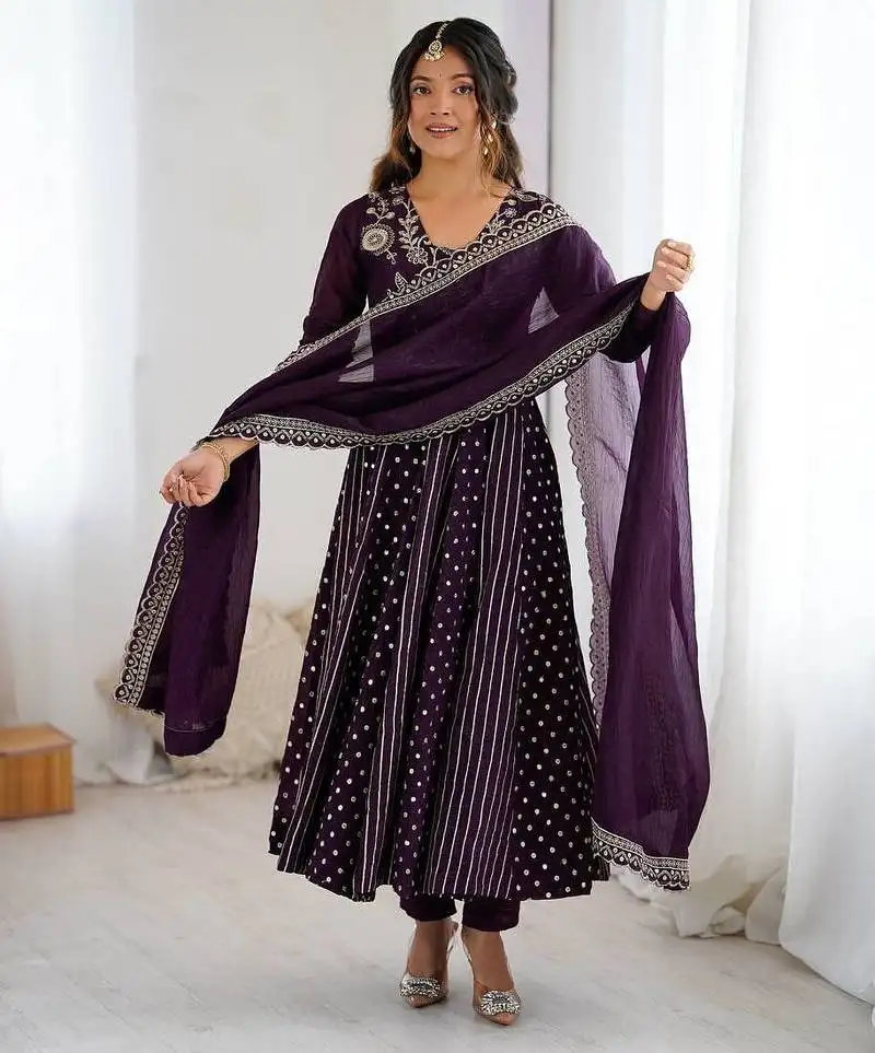 Purple embroidered anarkali suit set wedding wear gown festival wear suit set