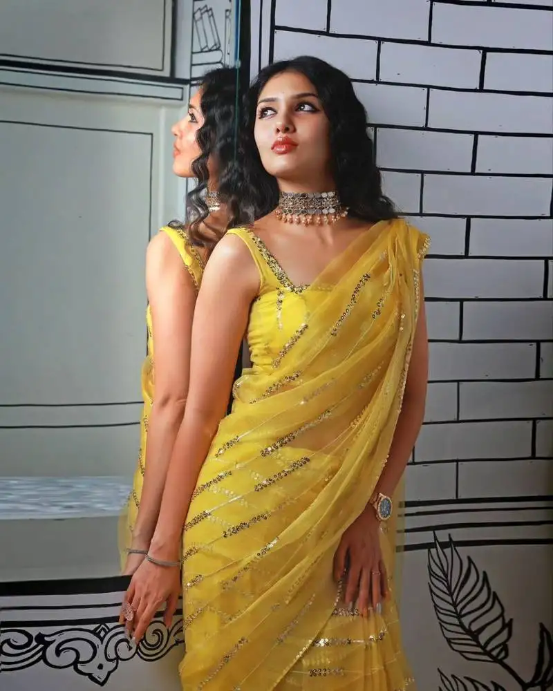 Yellow georgette sequin saree with blouse