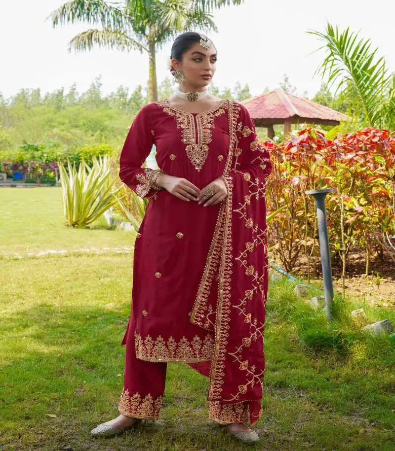 Women's red heavy chinon suit with sequence embroidered work