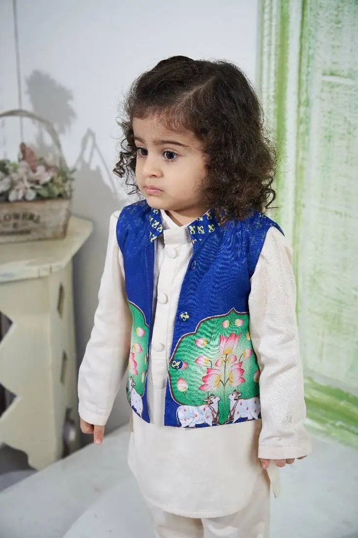 Blue printed kurta jacket set for boys
