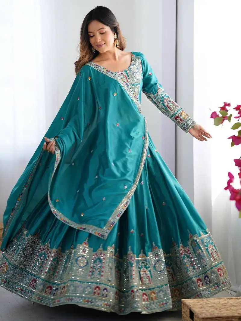 Teal green coding dori with sequin embroidery silk lehenga choli
