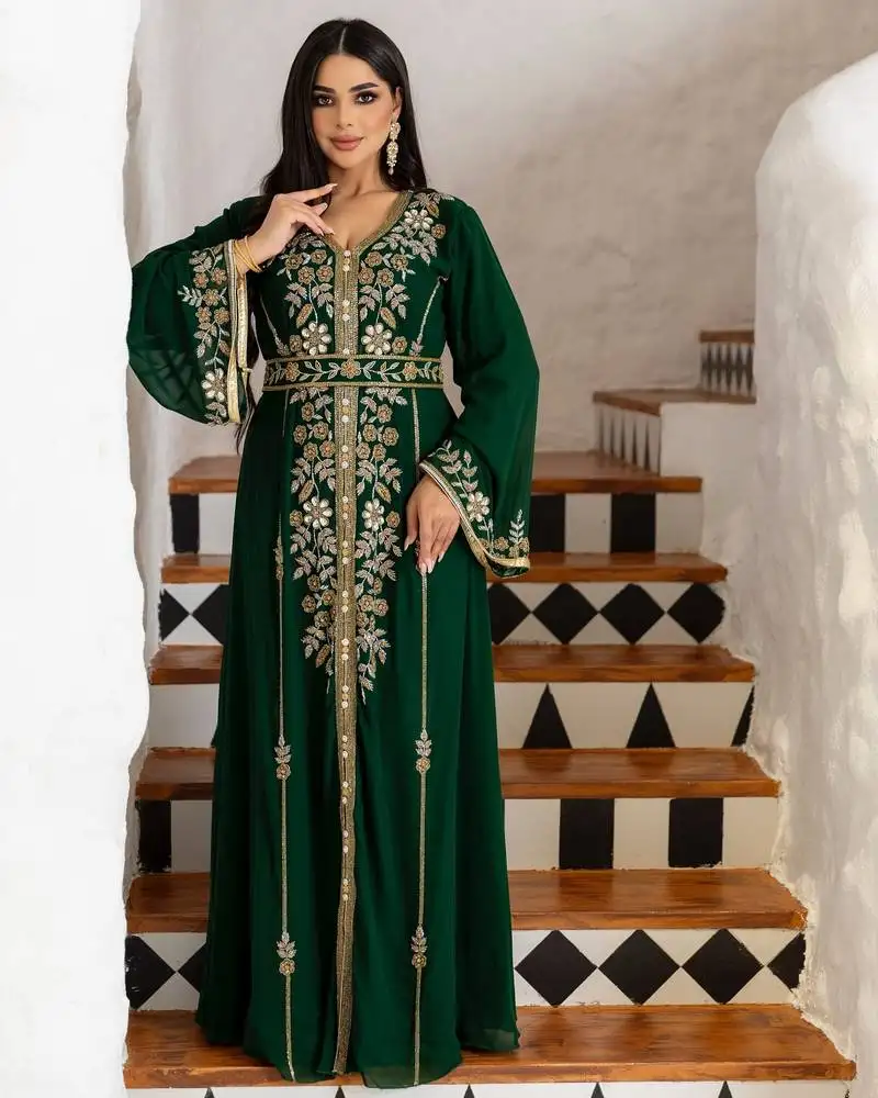 Green crystal work moroccan dubai kaftans wedding bridesmaid dress
