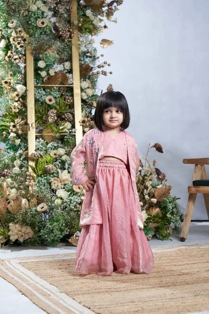 Baby pink floral embroidery jacket set