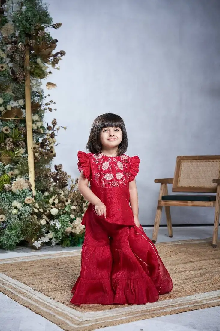 Red hand embroidered sharara set