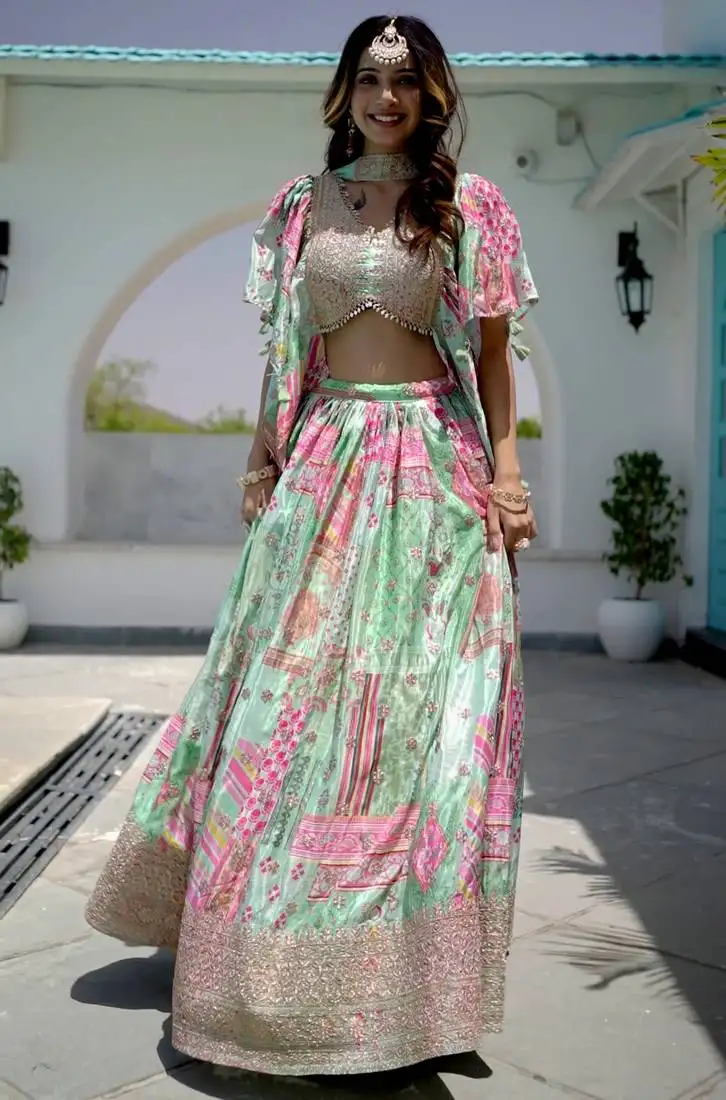 Green digital printed with dori and zari embroidered chinnon silk mehandi ceremony wear lehenga