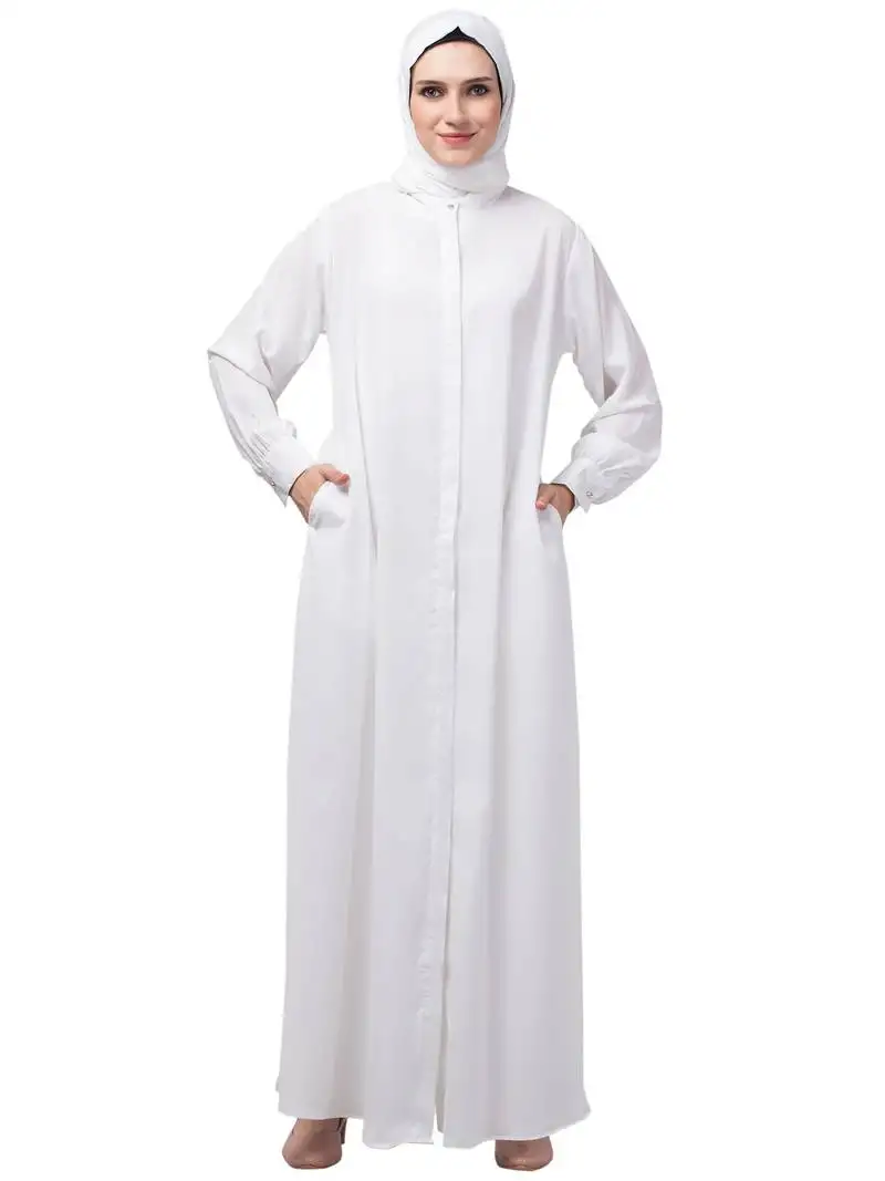White front open casual abaya with cuff at sleeve