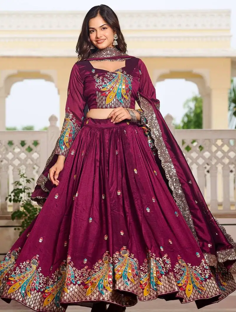 Wine thread embroidered silk lehenga choli with dupatta